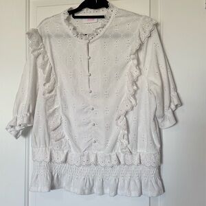 Savida white shortsleeved eyelet top with smocking frills elastic sleeves, XL